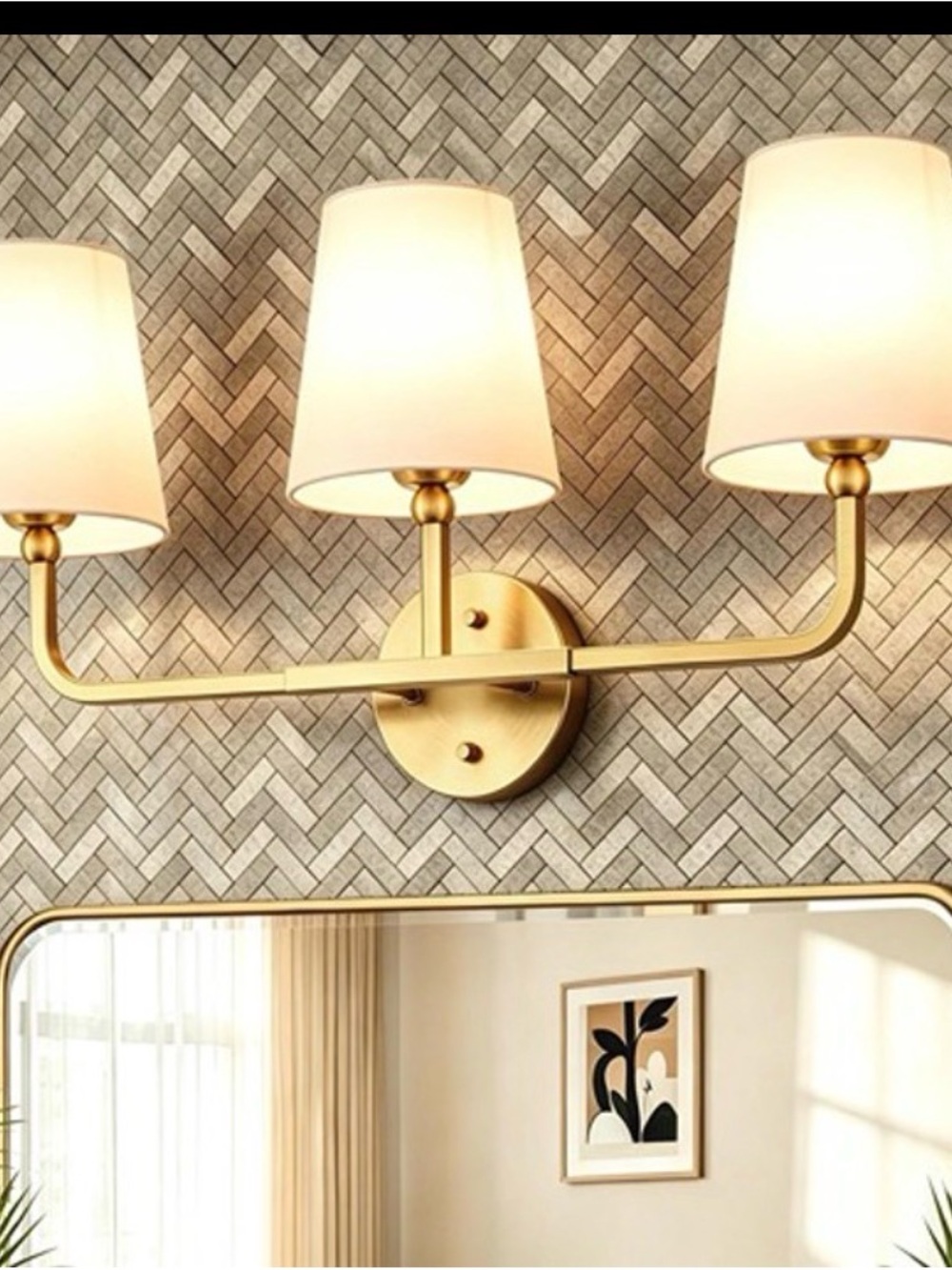 3-Light Gold Wall Sconce with White Fabric Shades